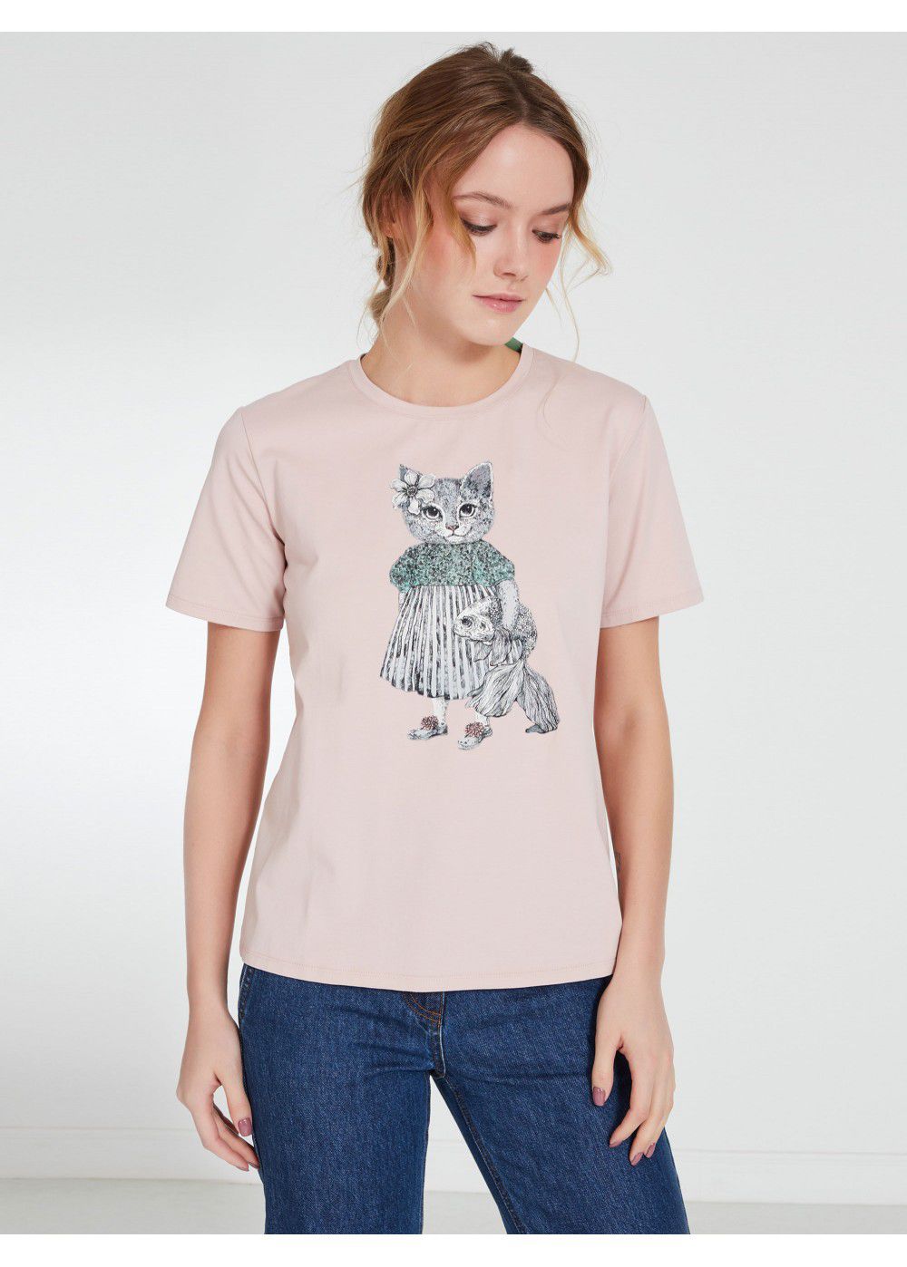 Akhmadullina Dreams Knitted T-Shirt with Cat Print in Pink