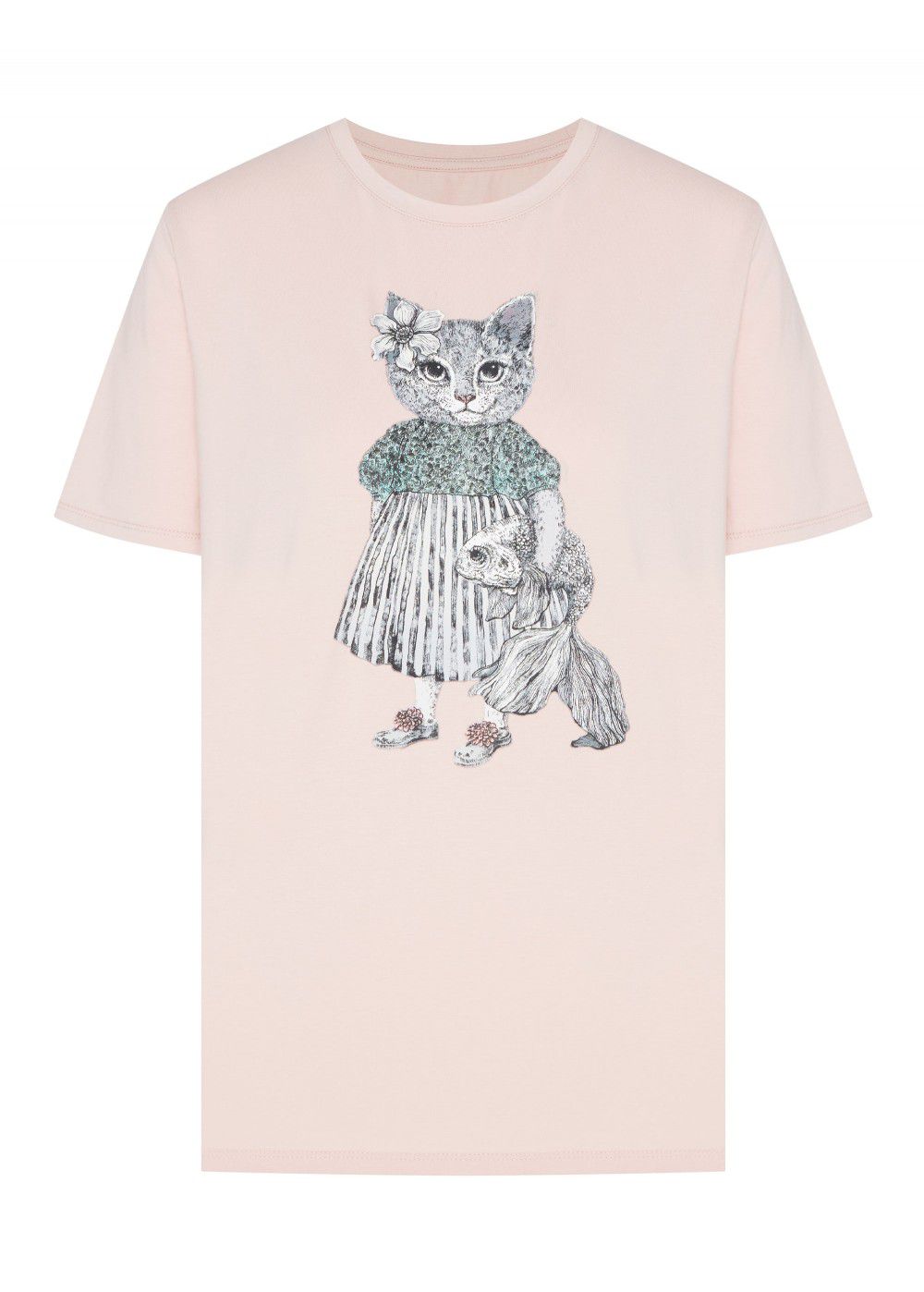 Akhmadullina Dreams Knitted T-Shirt with Cat Print in Pink