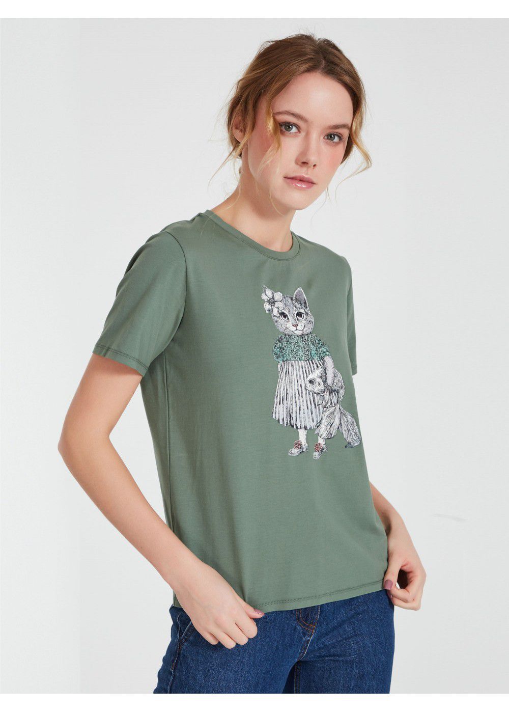 Akhmadullina Dreams Knitted T-Shirt with Cat Print in Mint