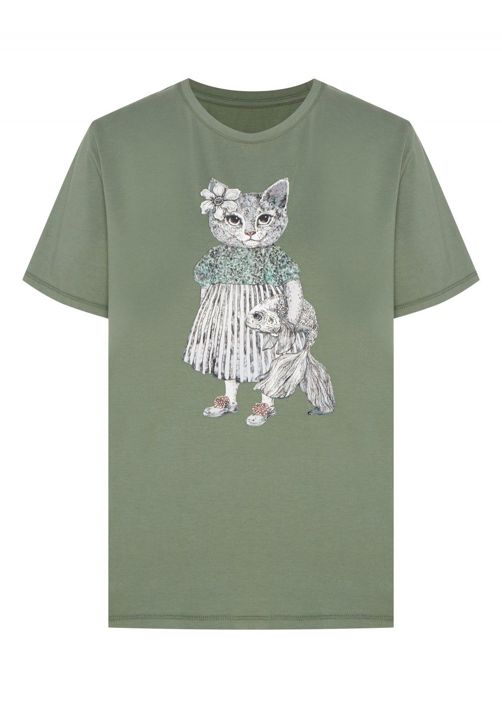 Akhmadullina Dreams Knitted T-Shirt with Cat Print in Mint
