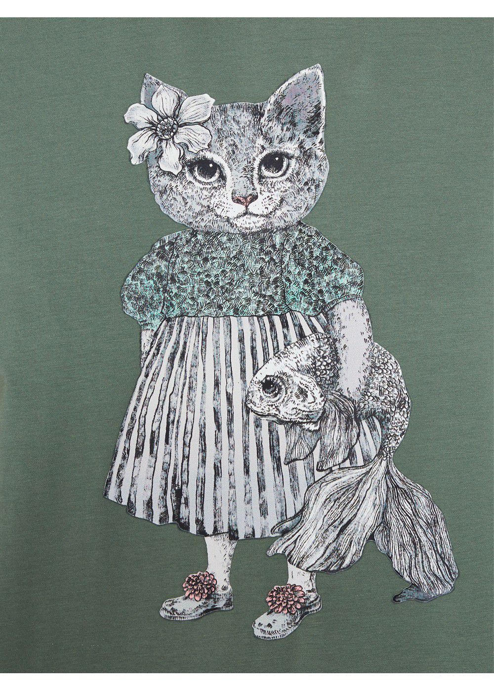 Akhmadullina Dreams Knitted T-Shirt with Cat Print in Mint