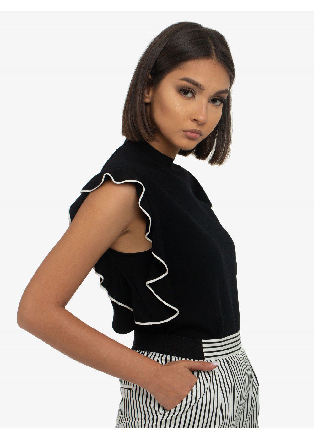 Karl Lagerfeld Colour-Block Ruffle Top in Black