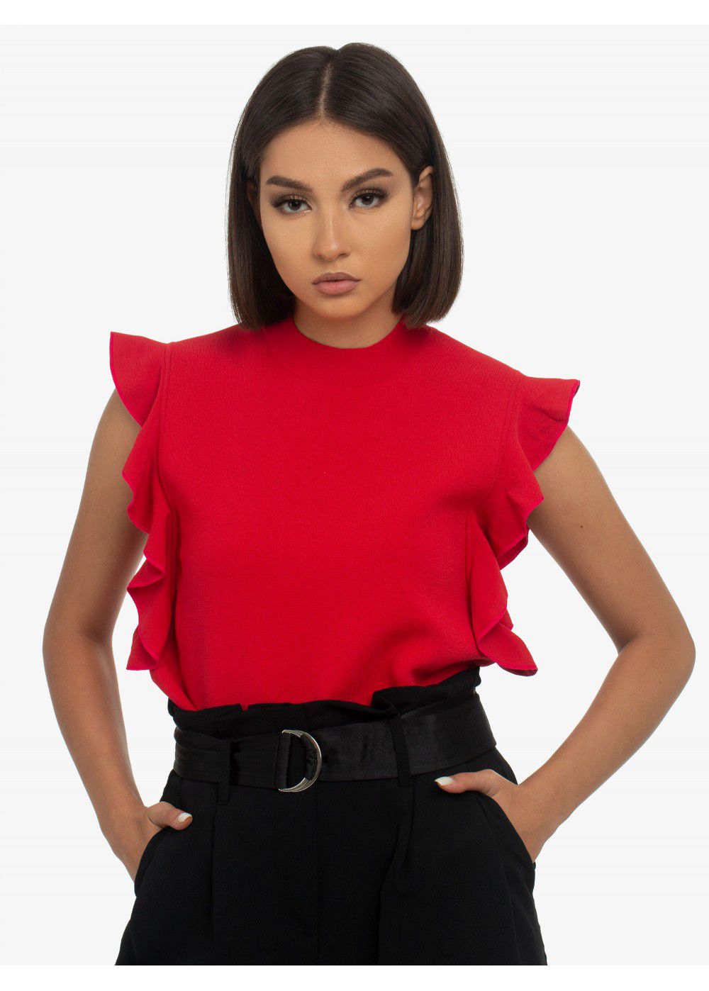 Karl Lagerfeld Colour-Block Ruffle Top in Red