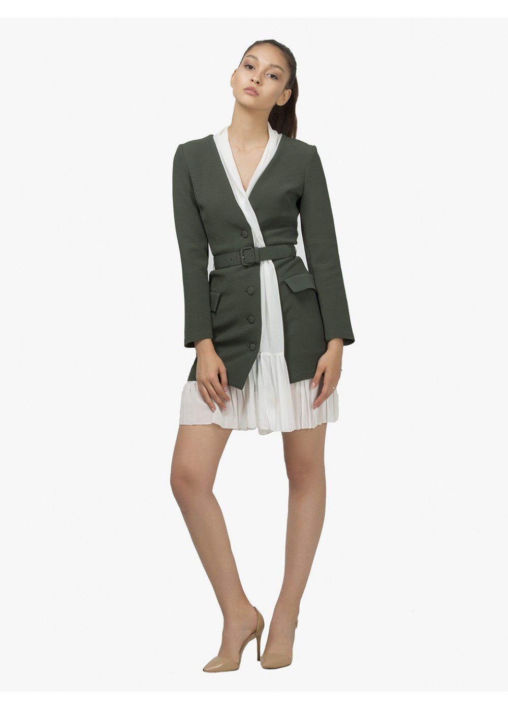 Maleone Khaki Dress with Strap and Pleated