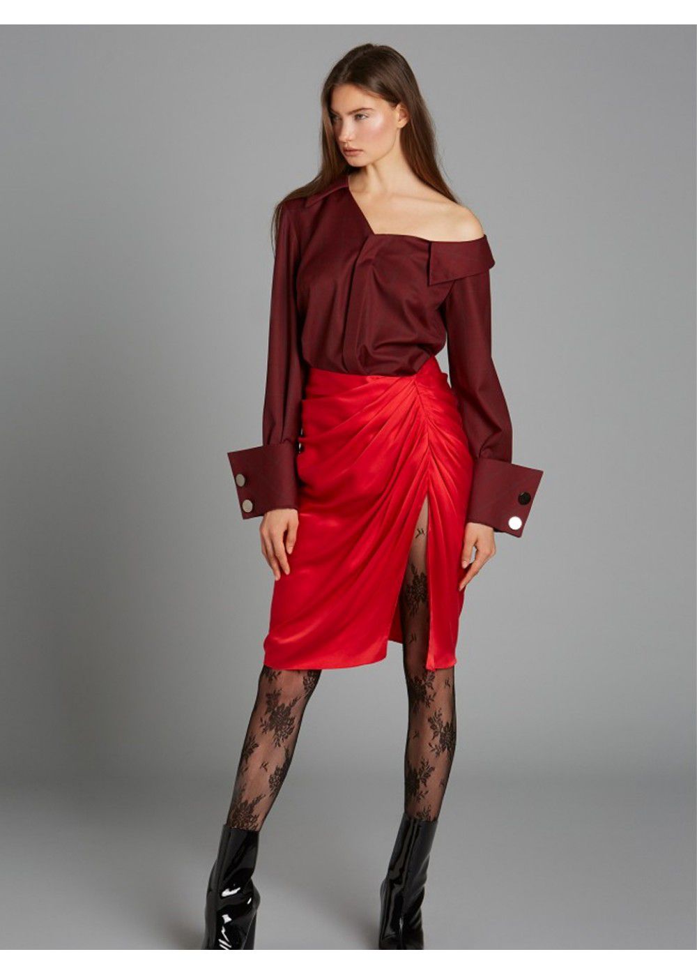 Vatanika One Shoulder Shirt in Burgundy 